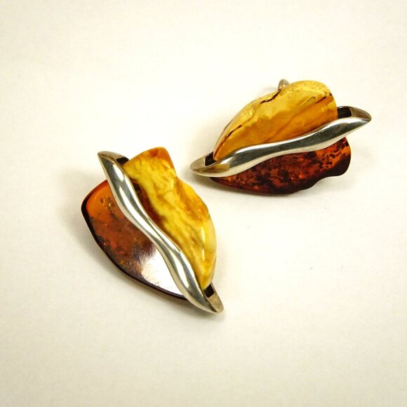 Big Amber & 925 Silver Omega Earrings - Made In Poland Rare Jewelry Her Gift - Picture 1 of 16